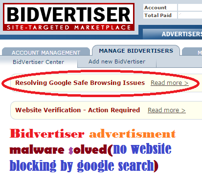 bidvertiser malware solved in gfoogle search trick